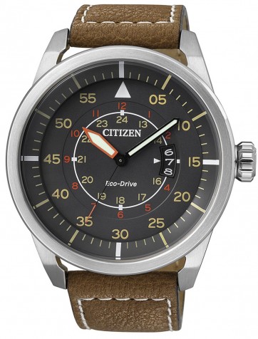 Citizen AW1360-12H นาฬิกาข้อมือผู้ชาย Eco-Drive Aviator Pilots Brown Leather Sports Men's Watch