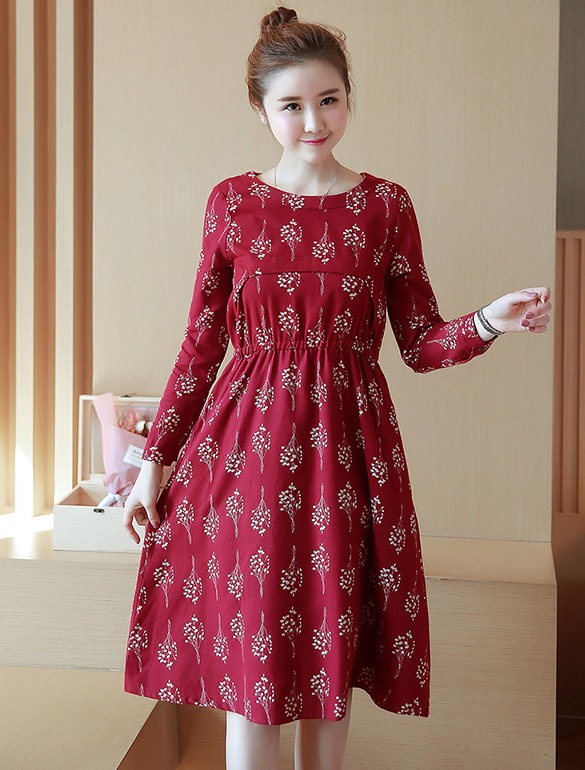 ชุดคลุมท้องน่ารัก แขนยาว ลายช่อดอกไม้ สีแดง ผ้านิ่ม เนื้อดี มีกระเป๋าาข้าง M,L,XL,XXL