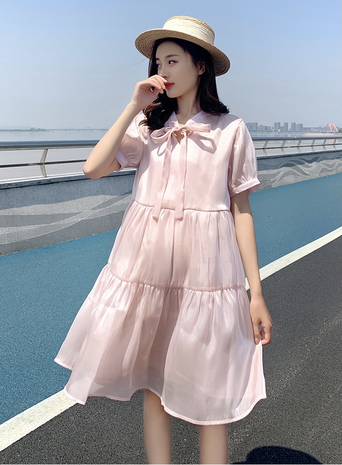 เดรสคลุมท้องแฟชั่นเกาหลี ผ้าไหมแก้ว เนื้อละเอียด มีซับใน ผูกโบว์ที่คอ M L XL XXL