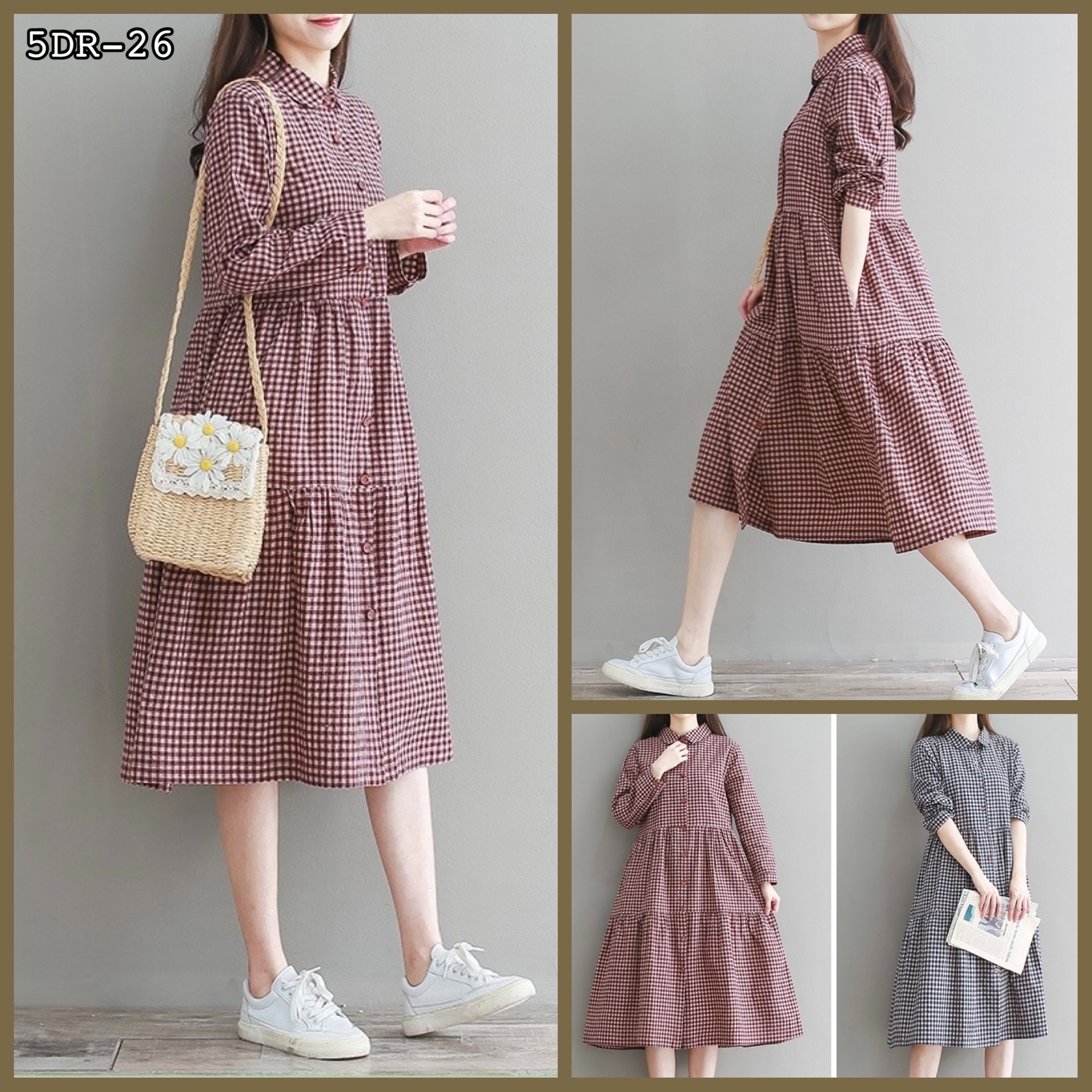 เดรสคลุมท้องแฟชั่น แขนยาว คอปก กระดุมหน้า เปิดให้นมได้ ชุดยาว สวย ใส่ได้คล่องตัว M L XL XXL