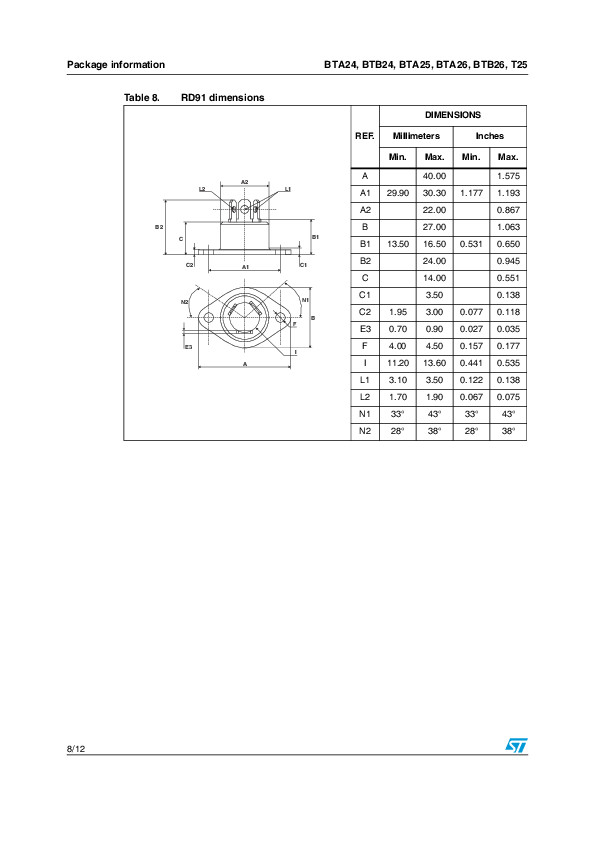 TRIAC BTA24-600CW ST ไตรแอค 25A 600V Gate Trigger Current 35mA