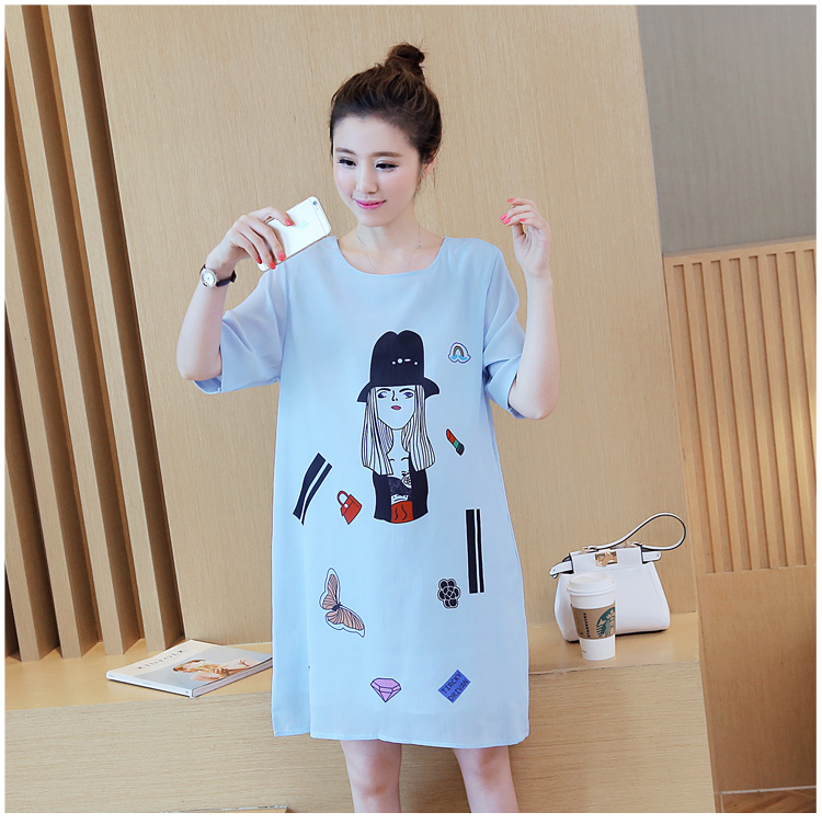 เดรสคลุมท้อง ผ้าชีฟอง พิมพ์ลายน่ารัก มีซับในทั้งตัว ช่วงแขนโชว์ลายผ้า สีฟ้า M,L,XL,XXL