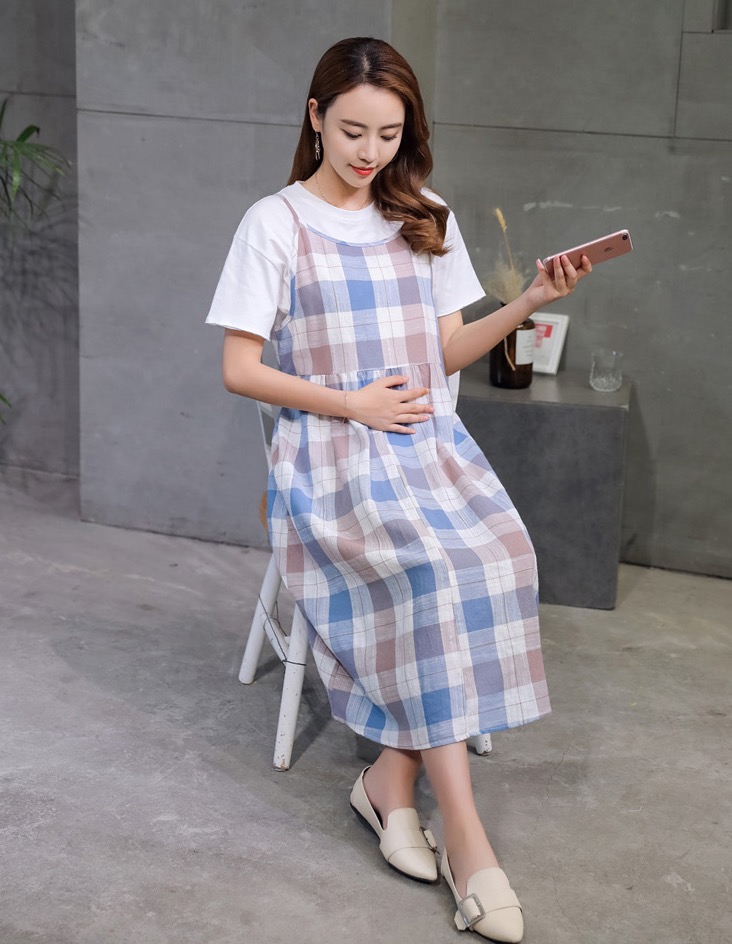 เอี๊ยมกระโปรงคลุมท้องยาว ลายสก๊อต สีสันน่ารัก + เสื้อยืดสีขาว M,L,XL,XXL