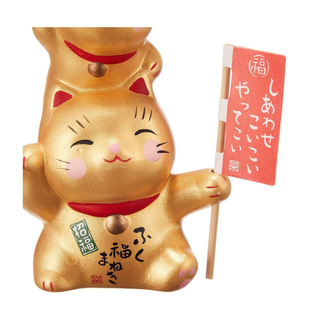 [PRE-ORDER] แมวกวักญี่ปุ่น แมวกวักสีทอง 3 ตัว ขี่คอกัน แมวกวักนำโชค Lucky Cat ManekiNeko Size 10 cm งานแฮนด์เมด นำเข้าจากญี่ปุ่น Beckoning Cat Handmade