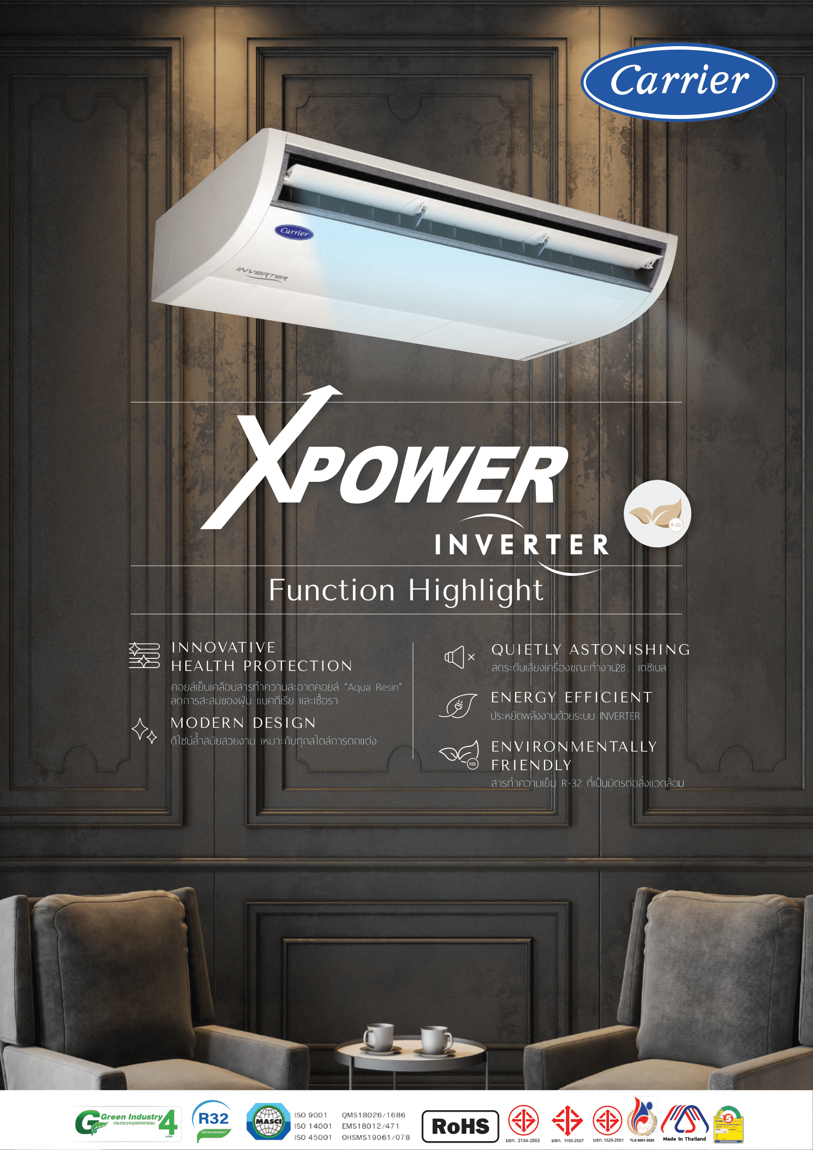 เครื่องปรับอากาศ CARRIER แบบแขวนใต้ฝ้า ขนาด 24,200 BTU รุ่น 42TGV0241CP/38TGV0241A1 (INVERTER) (X POWER)