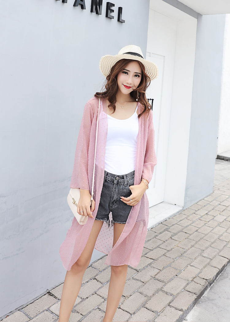 เสื้อคลุมแฟชั่น พร้อมส่ง : เสื้อคลุมสีชมพูแต่งจุดสีสันสดใส แบบสวยมากจ้า