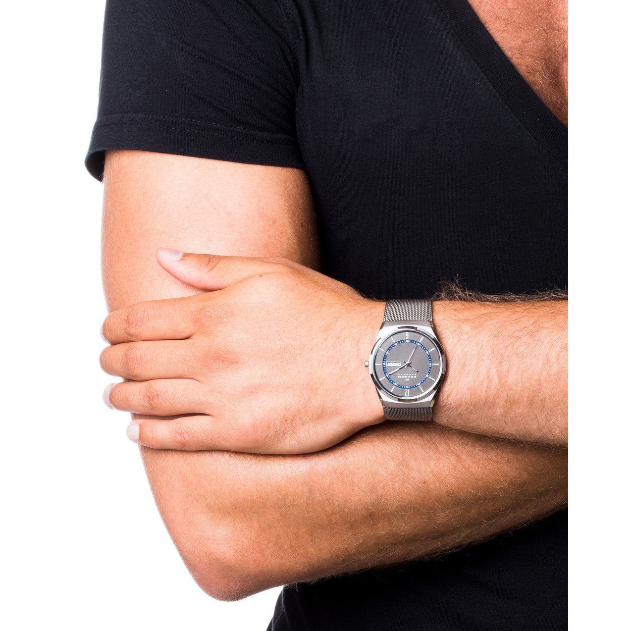 Skagen SKW6078 นาฬิกาผู้ชาย Skagen รุ่น SKW6078, Melbye Titanium and Gray Steel-Mesh Day-Date Men's Watch