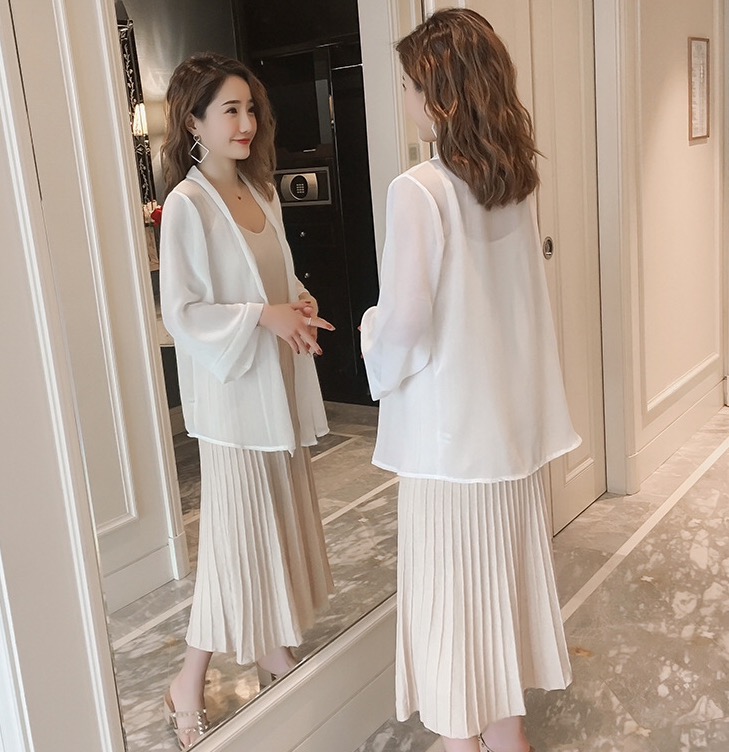 เดรสคลุมท้องแฟชั่นพร้อมเสื้อคลุม ผ้ายืดเนื้อนิ่ม ผ้าทิ้งตัว ทำลายด้านล่าง