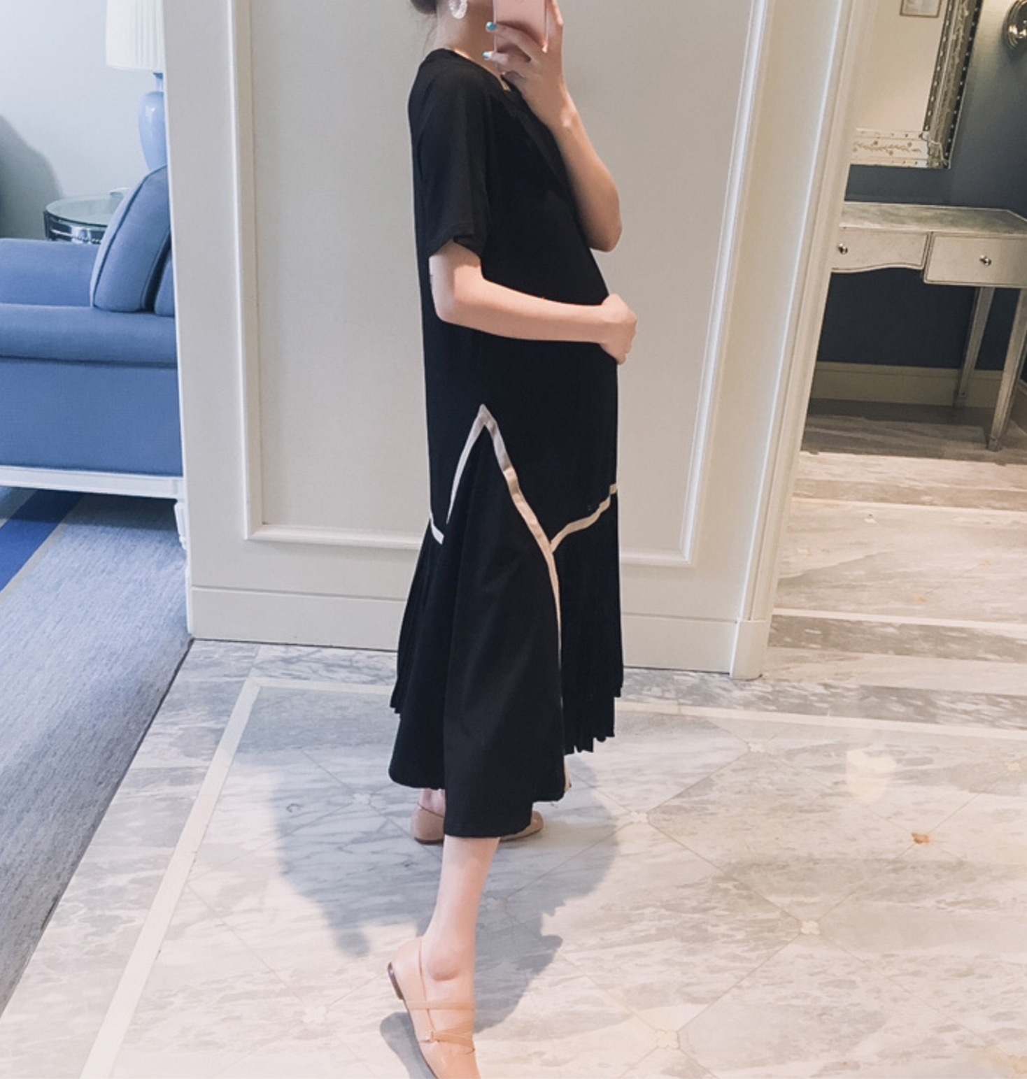 เดรสคลุมท้องแฟชั่น ช่วงบนเป็นผ้ายืดเนื้อนิ่ม ใส่สบาย ช่วงล่างตัดเส้น เป็นชีฟองอัดพรีท M L XL XXL