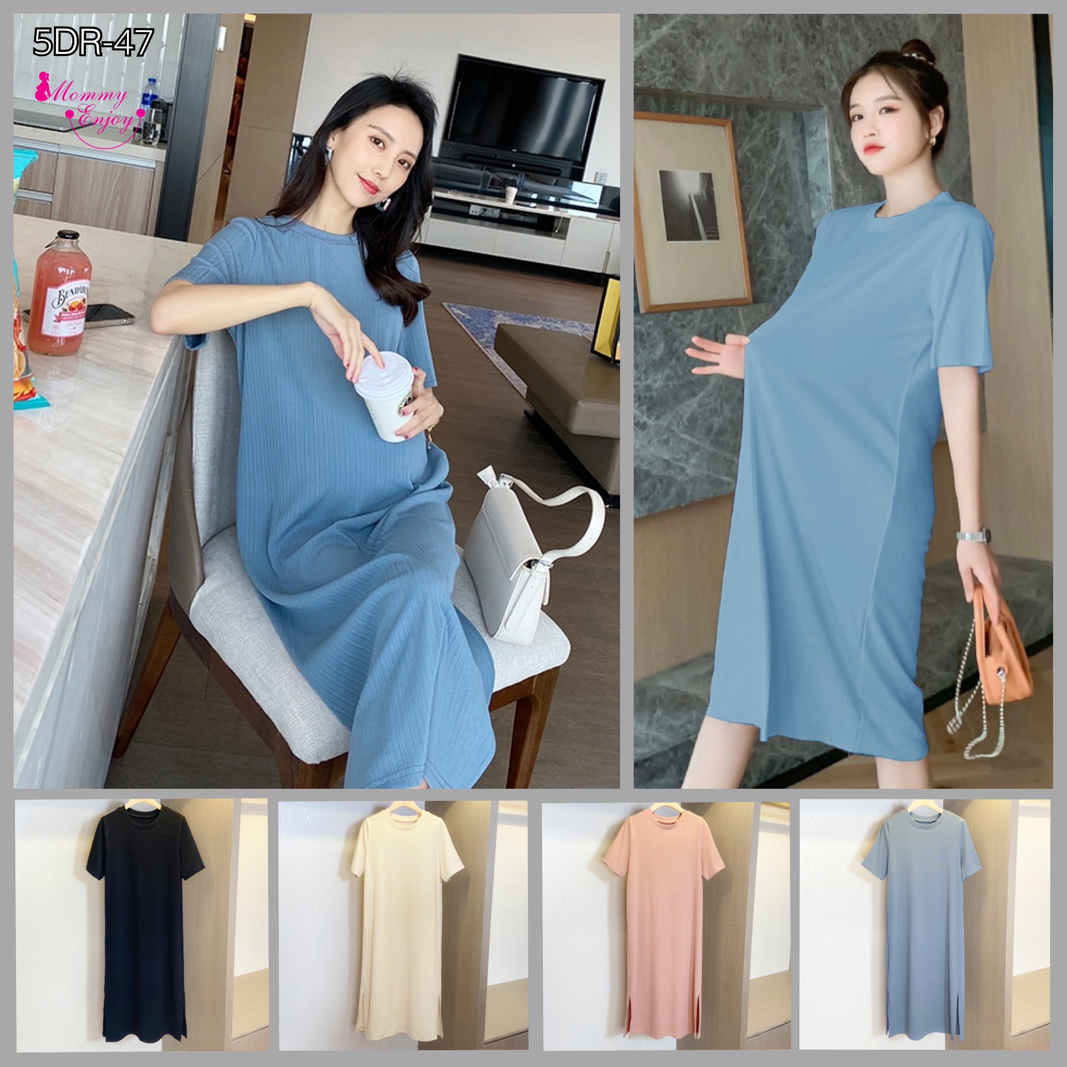 เดรสคลุมท้องแฟชั่นสบายๆ แขนสั้น ดูดี ผ้าทิ้งตัว มีน้ำหนัก เนื้อดีค่ะ M L XL XXL