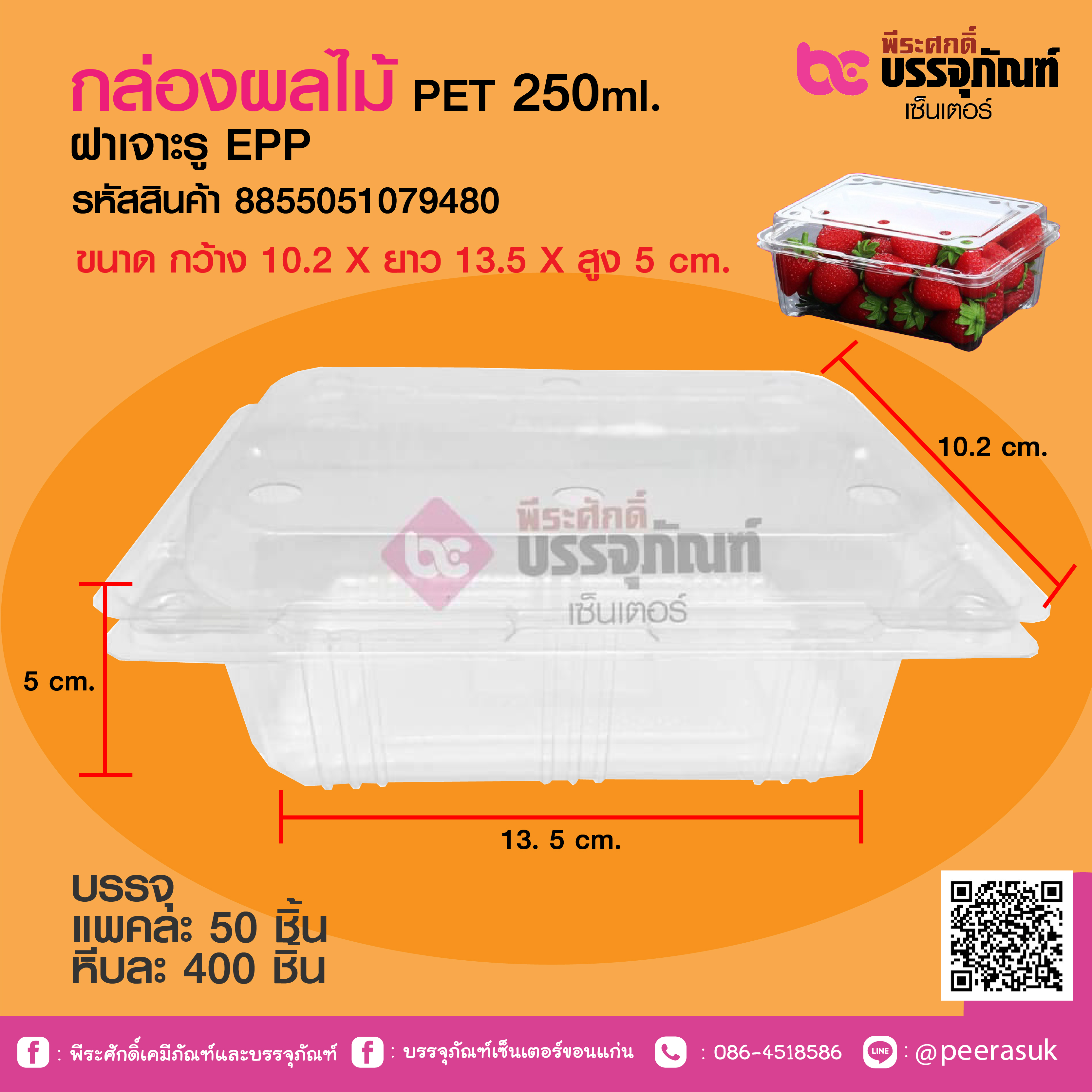 กล่องผลไม้ PET 250g (EPP) เจาะรูบน