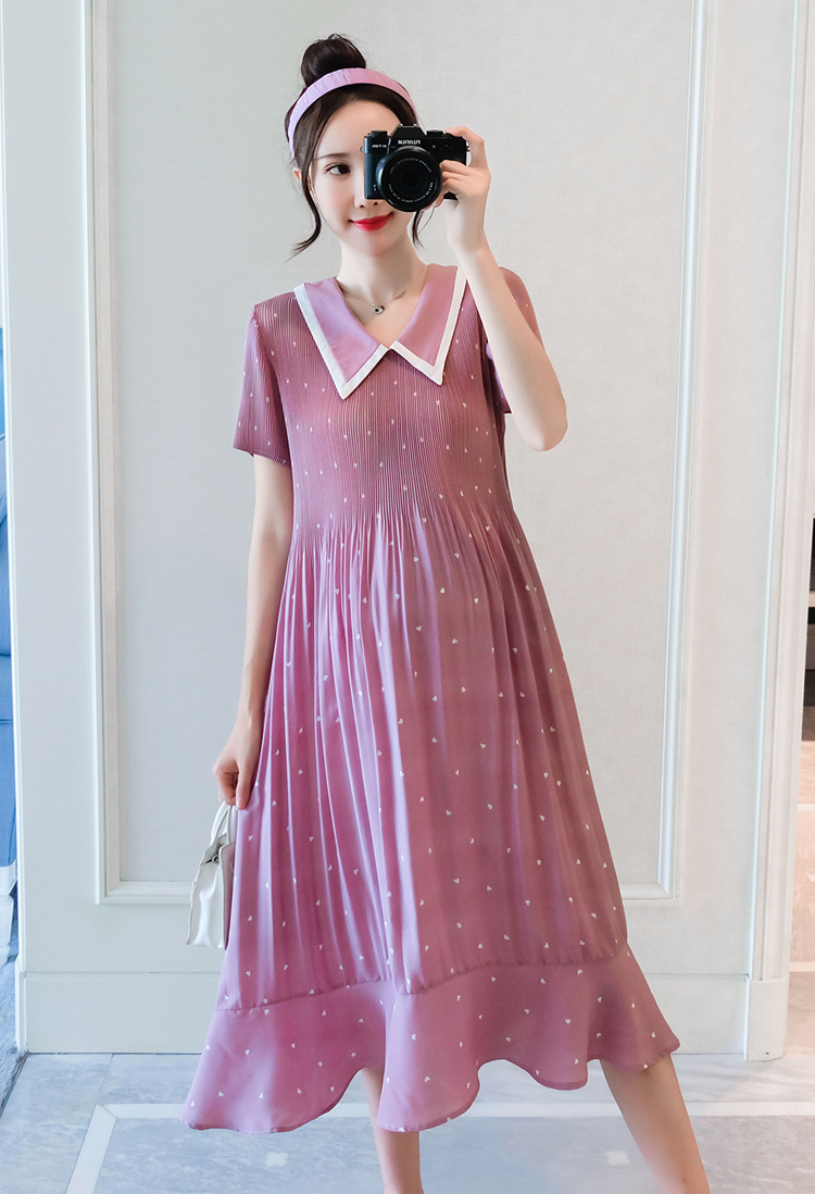 เดรสคลุมท้องแฟชั่น ผ้าชีฟองคอปก อัดพรีท มีซับใน ชุดยาว น่ารัก สีสวย M L XL XXL