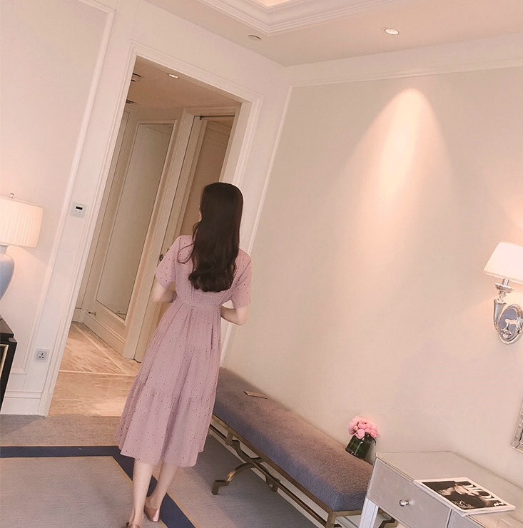 ชุดคลุมท้องแขนสั้น ผ้าชีฟอง ลายจุด ผ้านิ่มเบาสบาย มีซับใน M L XL XXL