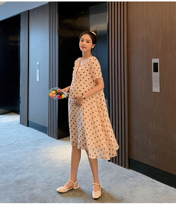 เดรสคลุมท้องแฟชั่น ผ้าชีฟอง ลายจุด มีซับใน ผ้าเนื้อดี ใส่สวย ดีไซน์เก๋ M L XL XXL