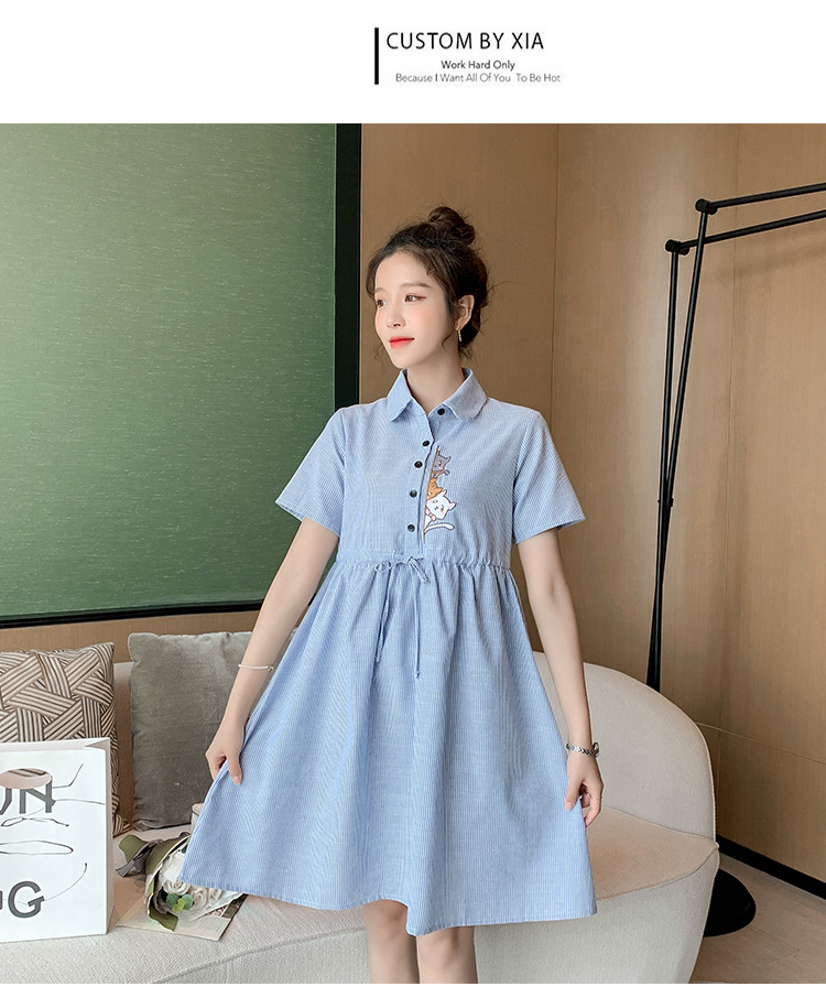 เดรสคลุมท้องแฟชั่นคอปกแขนสั้น ผ้าฝ้ายเหมียวน้อยน่ารัก ผ้าลายสวย มีเชือกปรับขนาดครรภ์ได้ กระดุมเปิดให้นมก็ได้ M L XL XXL