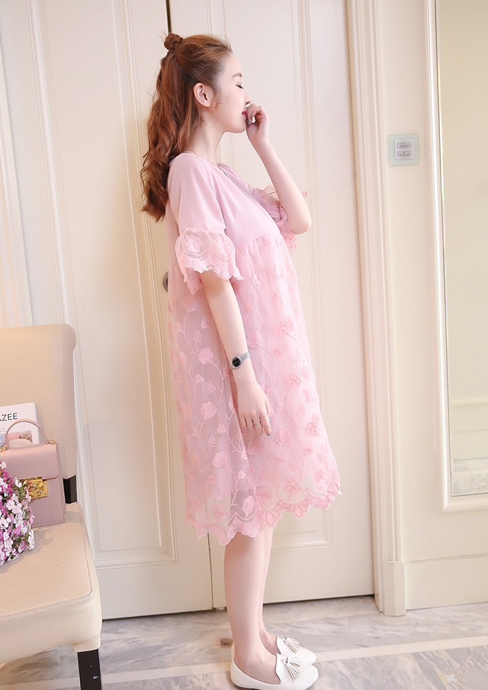 ชุดคลุมท้องเปิดน่ารัก ผ้าชีฟอง แขนระบาย ด้านนอกปักลายดอกไม้ มีซิปเปิดให้นม M,L,XL,XXL