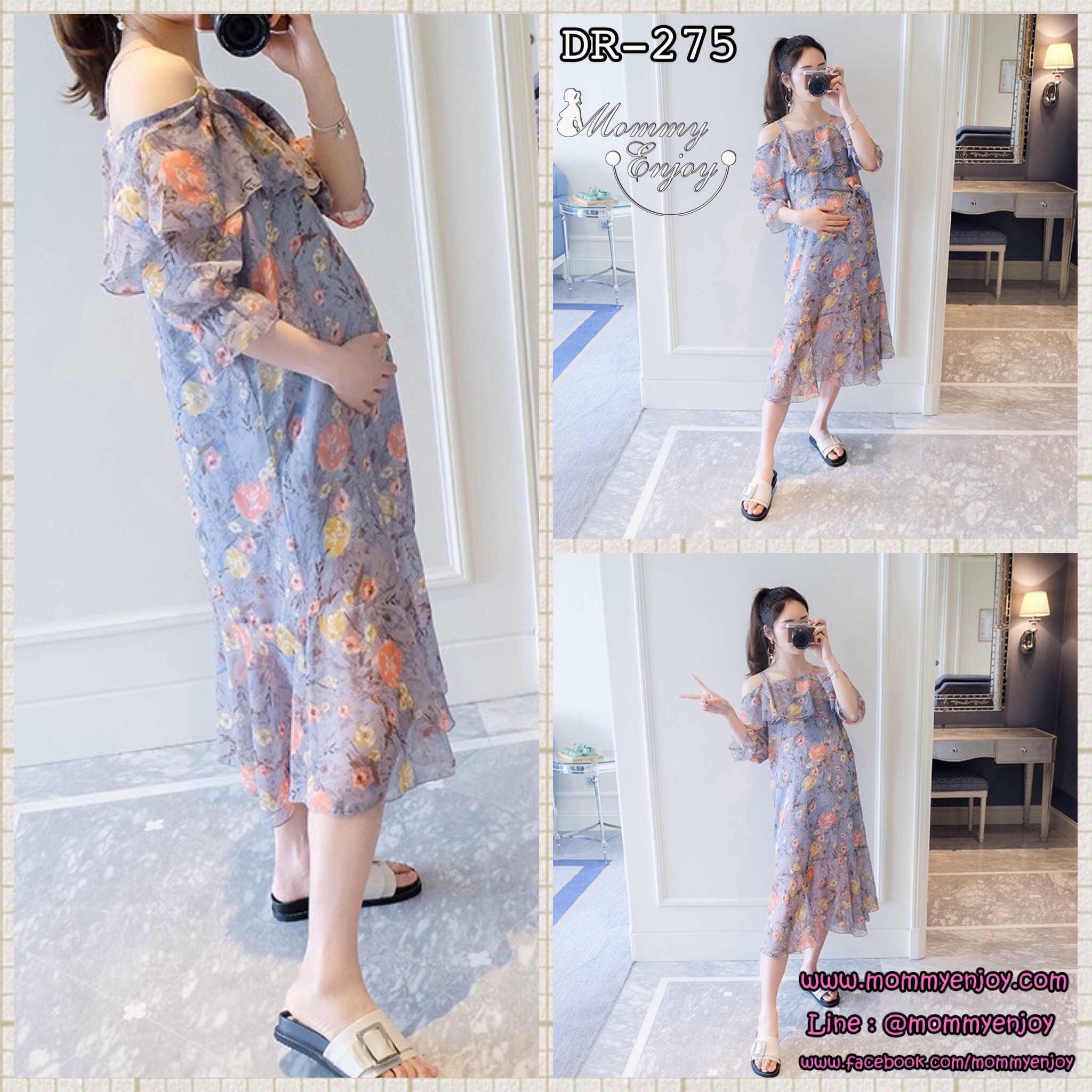 เดรสคลุมท้องแนวเกาหลี ผ้าชีฟองเปิดไหล่ ลายดอกไม้ มีเชื่อกผูกเอวปรับขนาดครรภ์ M,L,XL,XXL