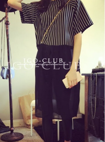 ชุดเดรสแฟชั่นพร้อมส่ง : เดรสสีดำ แต่งลายทางสีขาว น่ารัก น่ารักจ้า