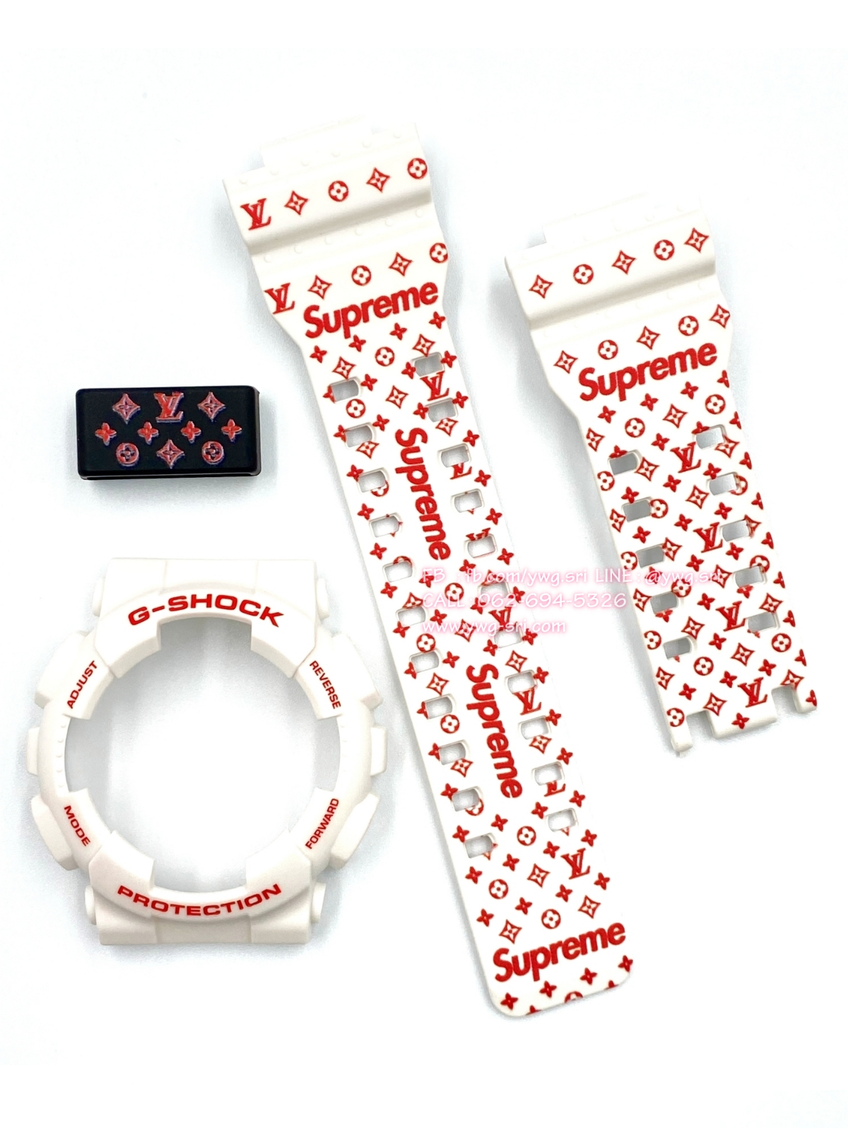 กรอบสาย G-SHOCK แท้✅ สีขาวด้านฟอนต์แดง สกรีนลาย Supreme ใส่ได้กับรุ่น GA-100 ,GA-110 ,GA-120 ,GA-140 ,GAX-100 ,GD-100 ,GD-120