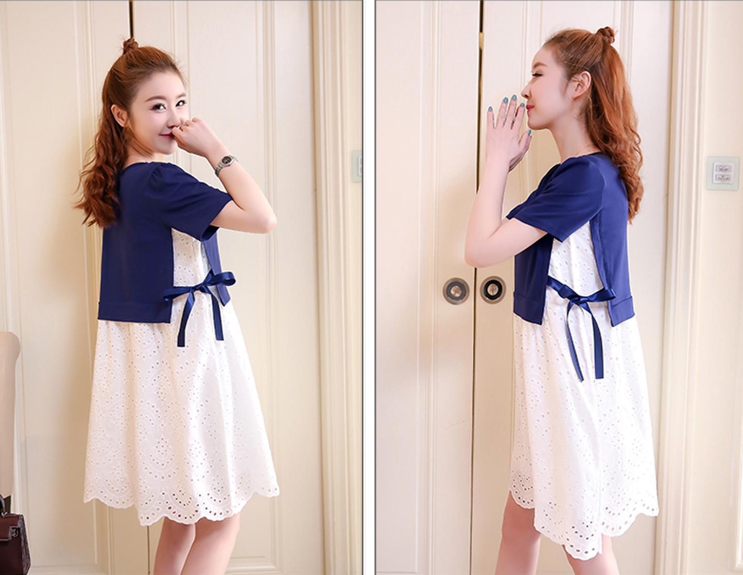 เดรสคลุมท้องแฟชั่น ช่วงบนเป็นผ้าContton นิ่ม ด้านล่างเป็นลูกไม้ ผูกข้าง เปิดให้นมแนวนอน M,L,XL,XXL