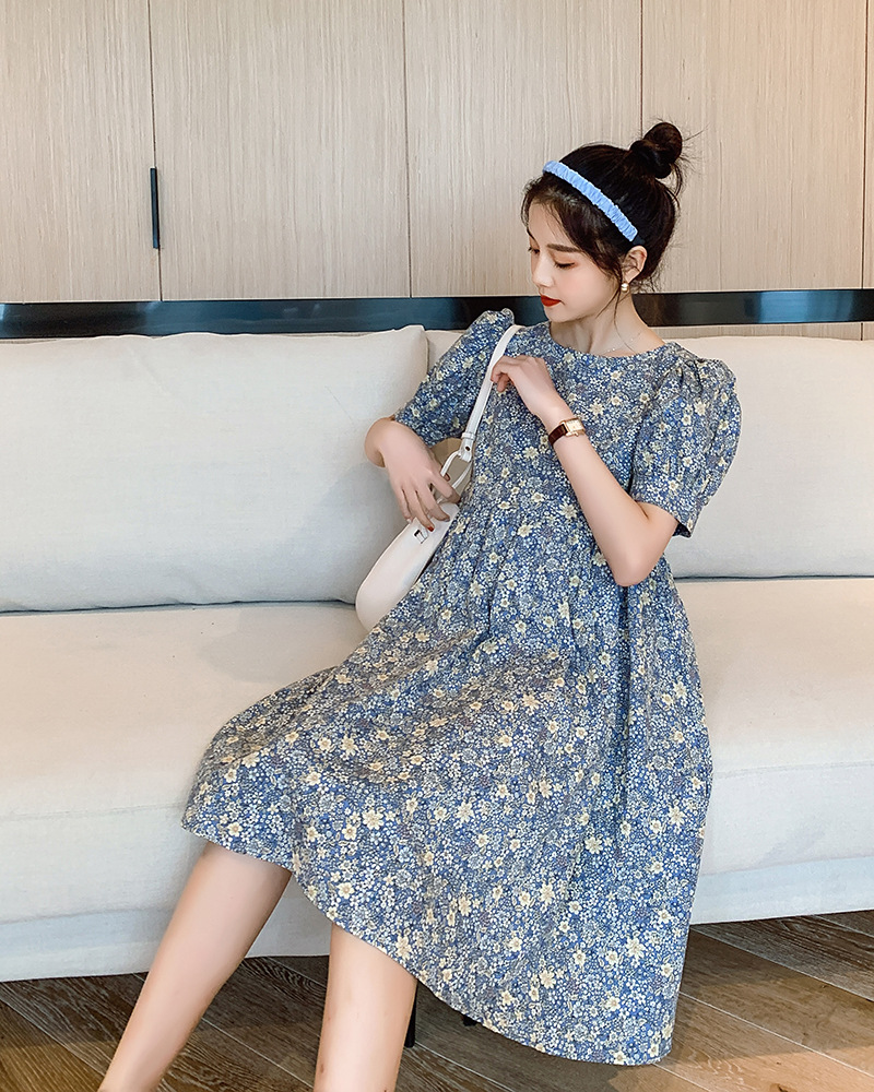 เดรสคลุมท้องแฟชั่นเกาหลี ผ้าฝ้าย ลายดอกวินเทจน่ารัก แขนตุ๊กตา ช่วงท้องระบาย ใส่ได้ถึงคลอด M L XL XXL