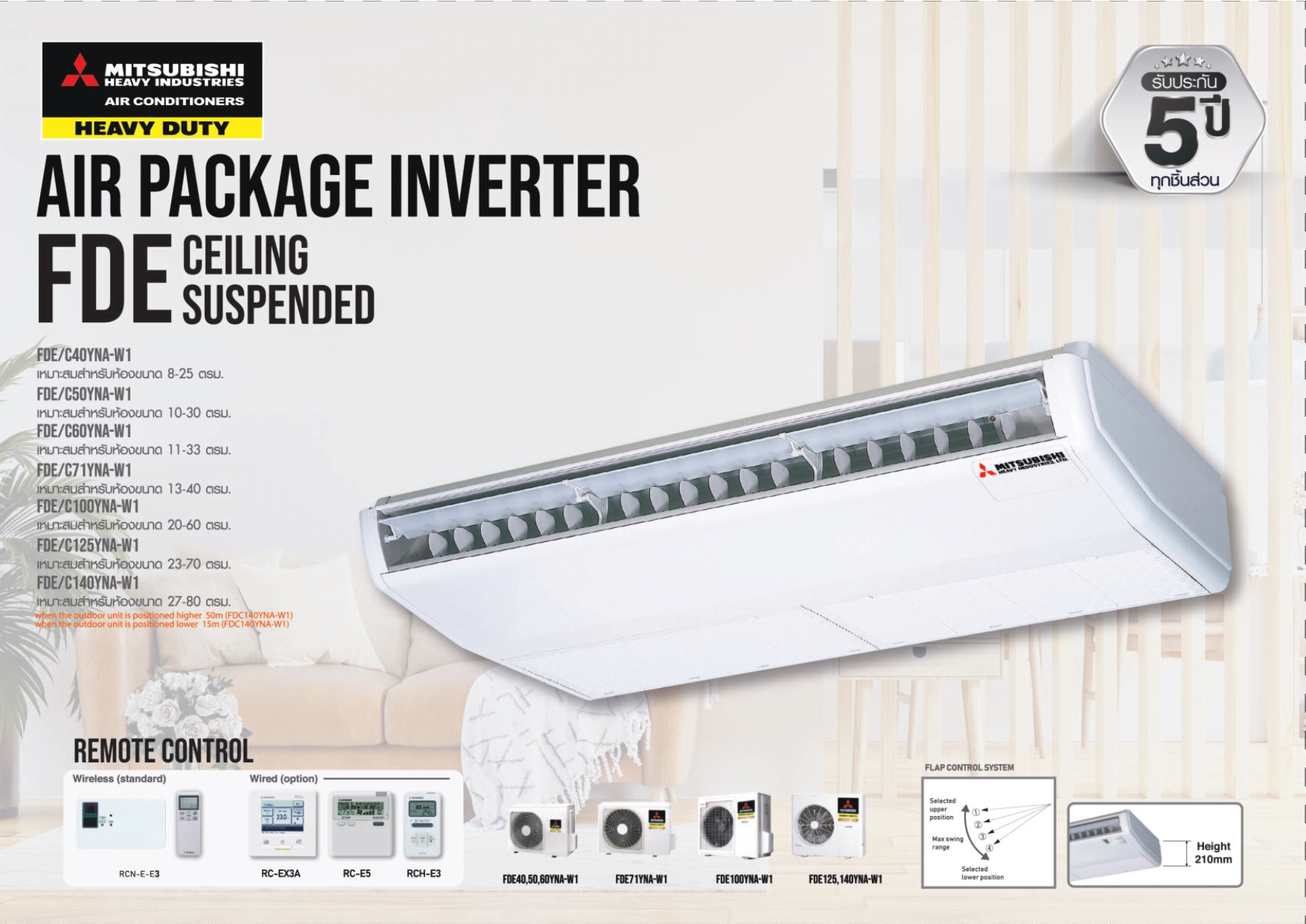 เครื่องปรับอากาศ MITSUBISHI HEAVY DUTY แบบแขวนใต้ฝ้า ขนาด 40,915 BTU รุ่น FDE125YA-W-WR (INVERTER)