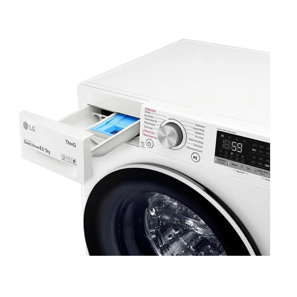 [ผ่อน0% 10ด] LG เครื่องซักผ้า ซัก 8.5 อบ 5 กก. FV1485D4W Inverter Direct Drive (ชลบุรี ส่งฟรี)