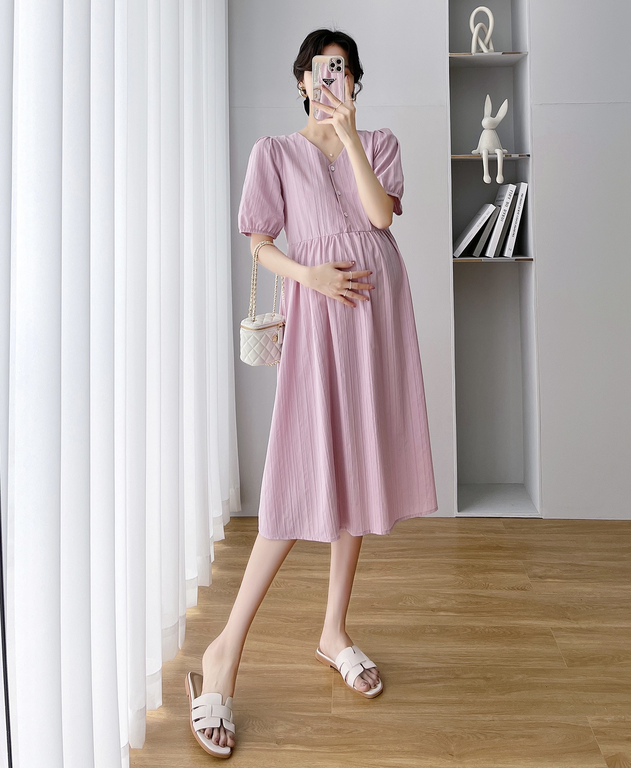 ชุดคลุมท้องแฟชั่นเกาหลี แขนตุ๊กตา กระดุมเปิดให้นมได้ มีเชือกปรับขนาดครรภ์ได้ ใส่สวยถึงคลอดเลยค่ะชุดนี้ M L XL XXL