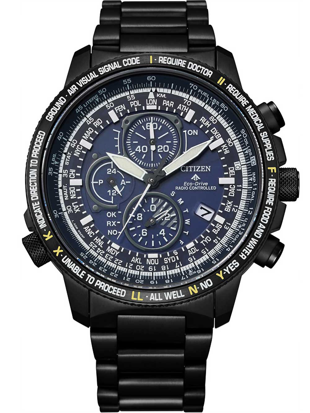 Citizen AT8195-85L นาฬิกาผู้ชาย Eco-Drive Promaster Sky Radio Controlled Super Titanium Chronograph Perpetual Calendar World Time Pilot Men's Watch