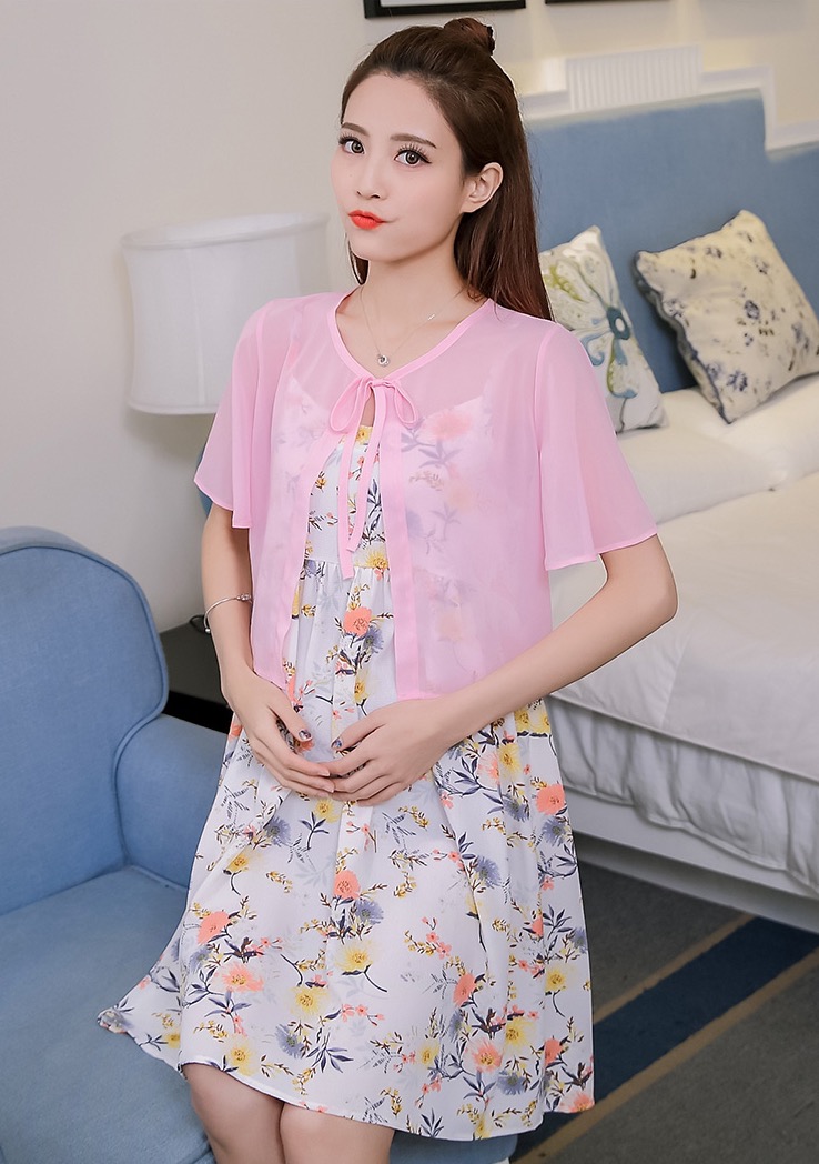 เดรสคนท้องแฟชั่น ทรงเกาหลี ผ้าชีฟองลายดอกไม้น่ารัก มาพร้อมเสื้อคลุมซีทรูแขนระบาย M L XL XXL