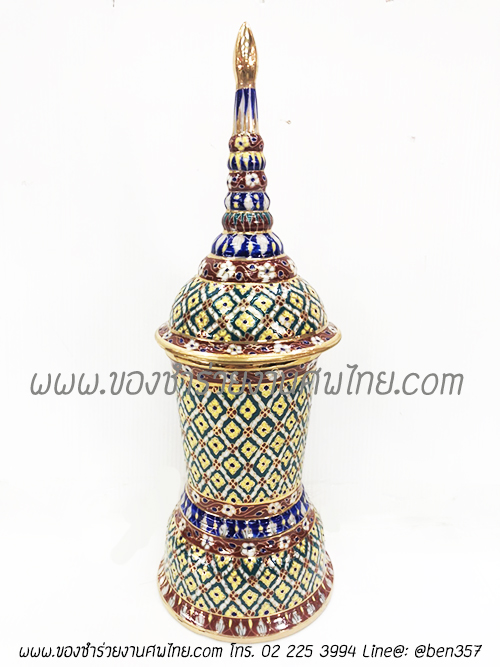 โกศใส่อัฐิทรงสูง เบญจรงค์ ความสูง 12 นิ้ว งานเบญจรงค์ วาดมือ ใบละ 800.-