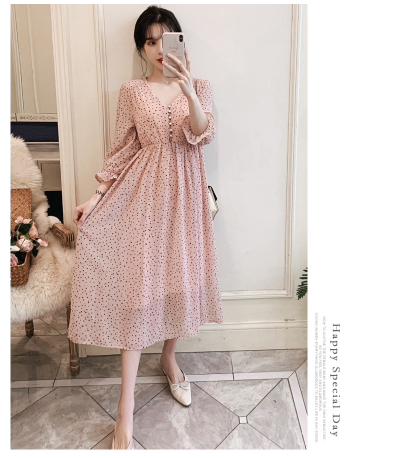 เดรสคลุมท้องแฟชั่น ผ้าชีฟองลายจุด แขน4 ส่วน ทำระบายปลายแขน ผ้านิ่ม มีซับใน ใส่สบายถึงคลอด M L XL XXL