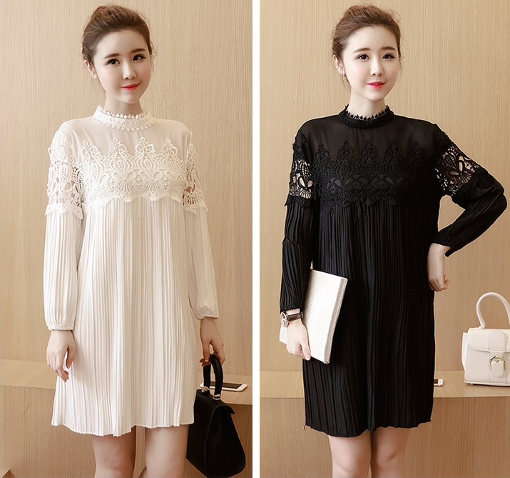 เดรสคลุมท้อง ลูกไม้ดำ แขนยาว ด้านบนซีทรู M,L,XL,XXL