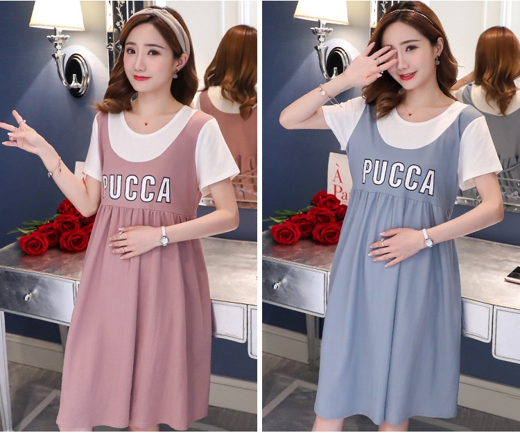 เดรสคลุมท้องแฟชั่นสไตล์เอี๊ยมหลอก ลายน่ารัก ผ้านิ่ม สีพาสเทลน่ารัก M L XL,XXL