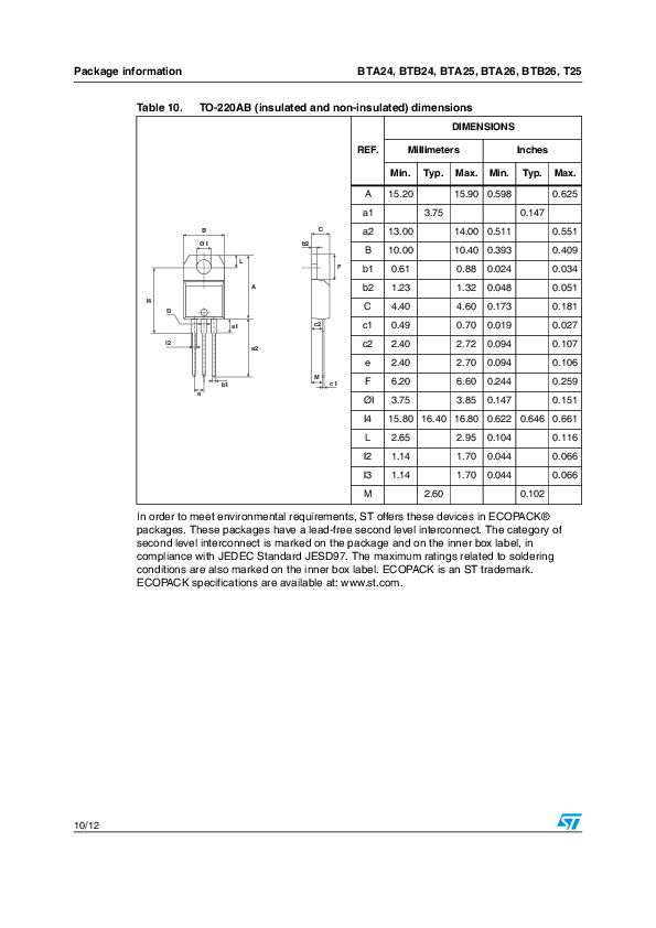 TRIAC BTA24-600CW ST ไตรแอค 25A 600V Gate Trigger Current 35mA