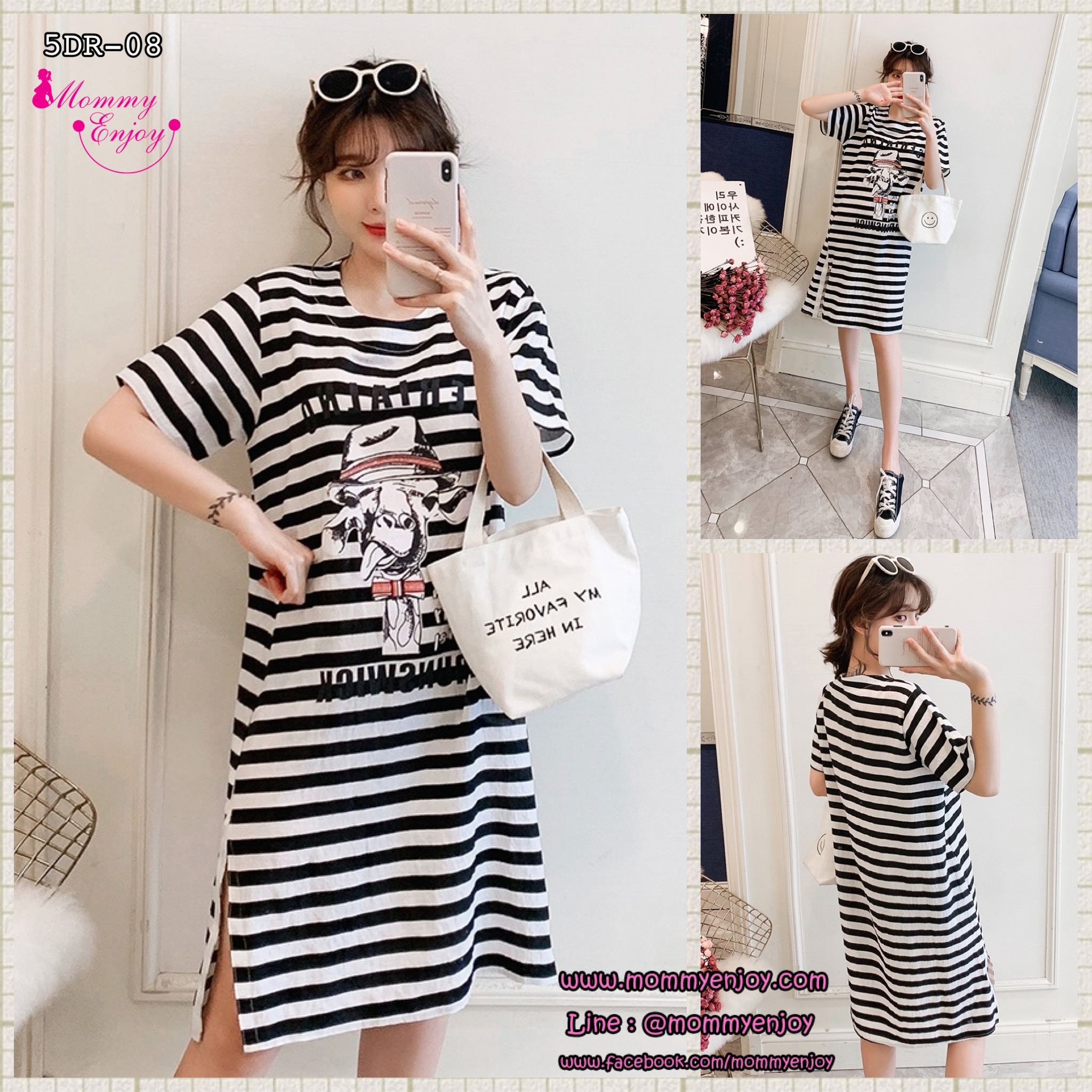 ชุดคลุมท้องแฟชั่นแขนสั้น ลายทาง สไตล์วินเทจ ผ่าข้าง น่ารัก ชิคๆ M L XL XXL