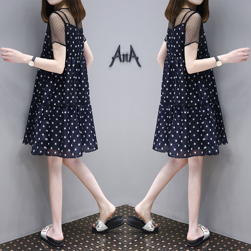 เดรสคลุมท้องแฟชั่นสบายๆ ผ้าชีฟอง ทรงระบายสวย ช่วงบนเป็นซีทรู เพิ่มความสดในค่ะ M L XL XXL