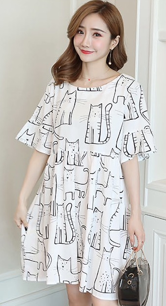 เดรสคลุมท้องแฟชั่นสไตล์เกาหลี ผ้าcotton ลายแมว แขนระบาย ผูกโบว์น่ารักมาก M L XL,XXL