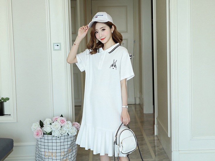 เดรสคลุมท้องแฟชั่นเกาหลี ผ้ายืด คอโปโล ทรงหางปลา น่ารักมากค่ะ M L XL XXL