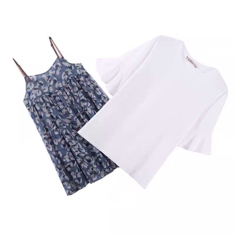 เอี๊ยมกระโปรง+เสื้อ ผ้าชีฟอง เนื้อนิ่ม สายหนัง มาพร้อมเสื้อแขนระบาย น่ารักมากค่ะ M L XL XXL