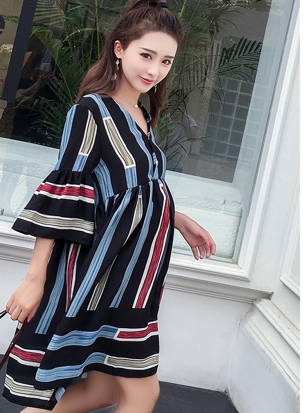 ชุดคลุมท้องแฟชั่นเกาหลีผ้าชีฟอง ลายน่ารักแบบวินเทจ แขนระบาย 4 ส่วน M L XL XXL 3XL