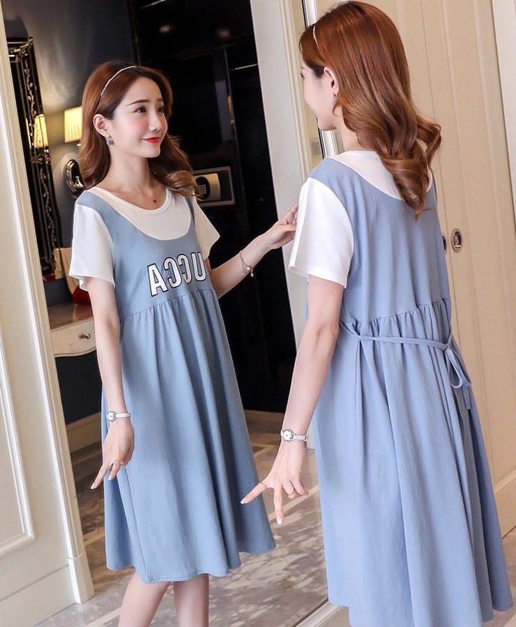 เดรสคลุมท้องแฟชั่นสไตล์เอี๊ยมหลอก ลายน่ารัก ผ้านิ่ม สีพาสเทลน่ารัก M L XL,XXL