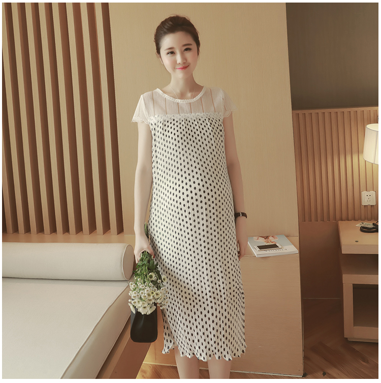 เดรสคลุมท้องแนวเกาหลี อัดพรีท ลายจุด ด้านบนซีทรู น่ารักฝุดๆ M,L,XL,XXL