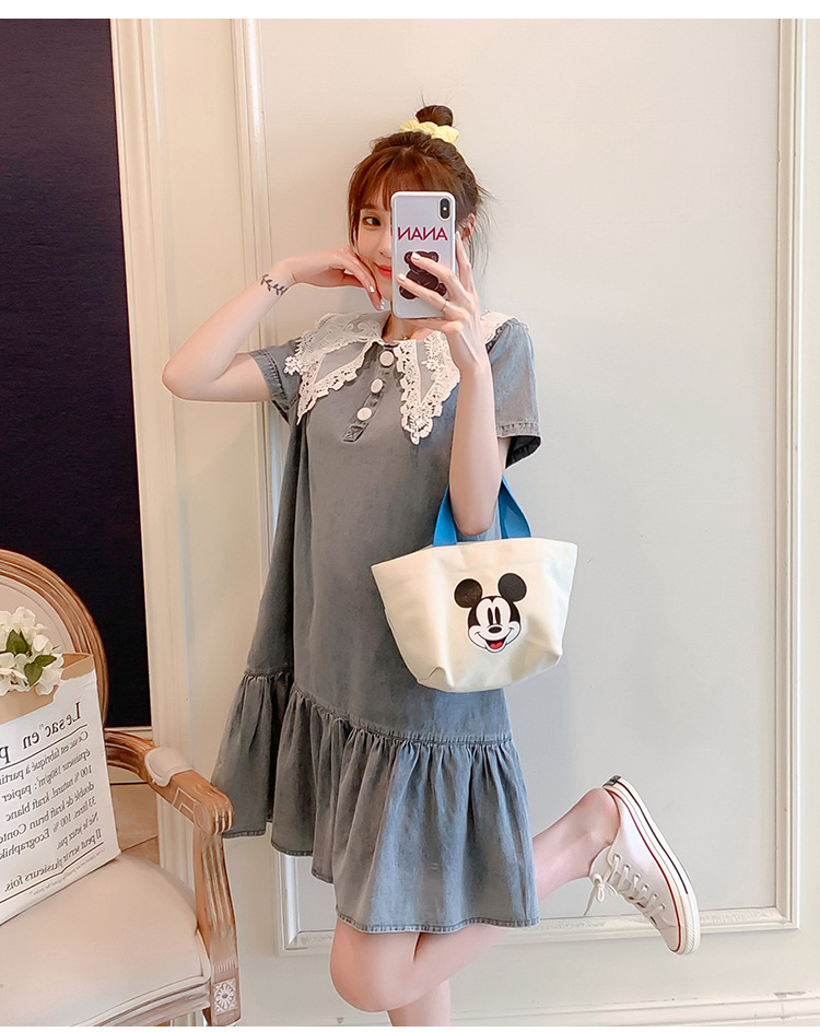 เดรสคลุมท้องแฟชั่น ผ้ายีนส์เนื้อนิ่ม คอปกลูกไม้ฉลุ กระดุมแกะให้นมได้ น่ารักมากค่ะ ใส่ได้ถึงคลอด M L XL XXL