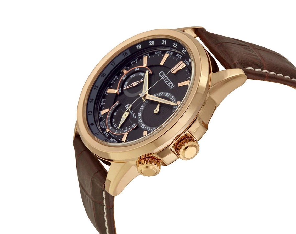 Citizen BU2023-12E นาฬิกาข้อมือผู้ชาย Eco-Drive Calendrier World Time Leather Men's Watch