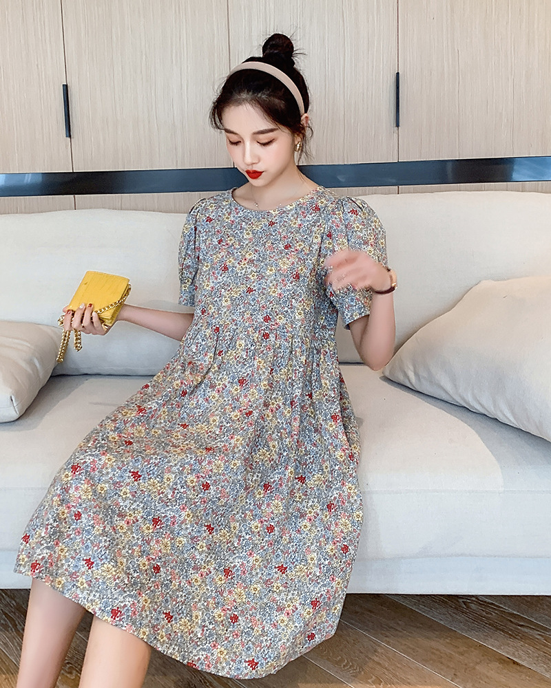 เดรสคลุมท้องแฟชั่นเกาหลี ผ้าฝ้าย ลายดอกวินเทจน่ารัก แขนตุ๊กตา ช่วงท้องระบาย ใส่ได้ถึงคลอด M L XL XXL