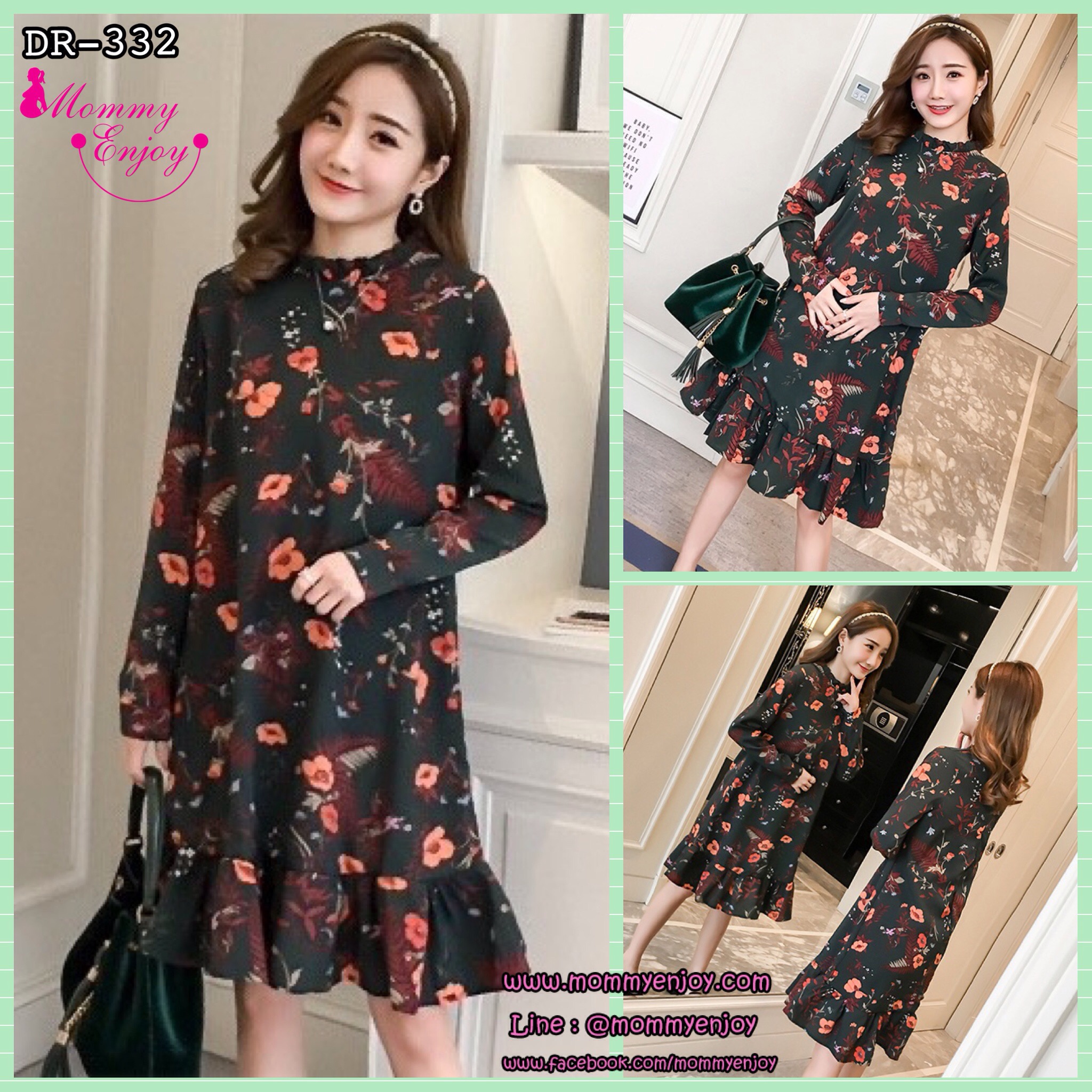 ชุดคลุมท้องแขนยาว ผ้าชีฟอง ลายดอกไม้น่ารัก ทำระบายที่คอและกระโปรง M L XL XXL