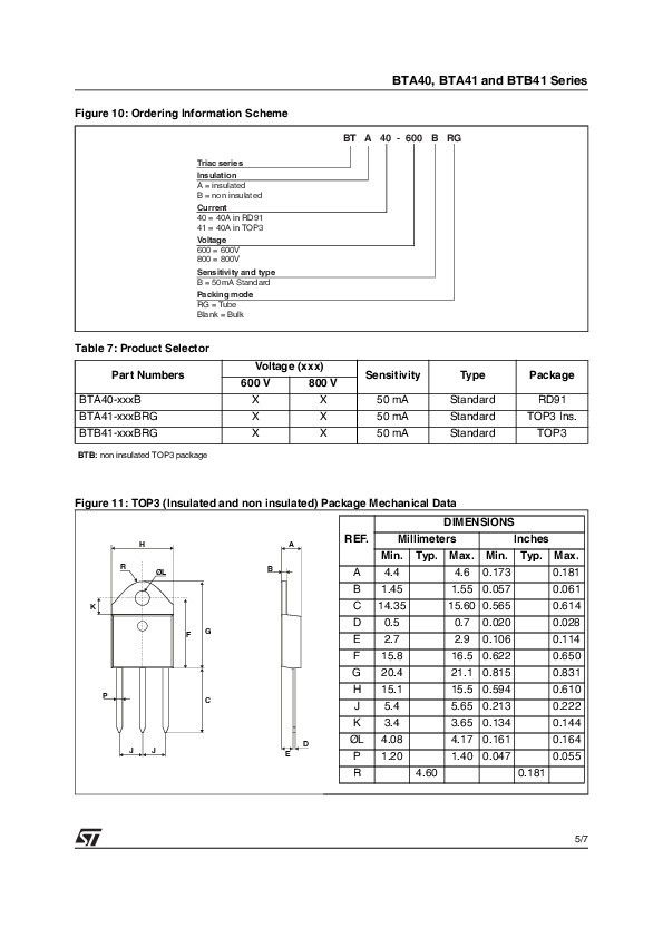 TRIAC BTA41-600B ST ไตรแอค 40A 600V Gate Trigger Current 100mA
