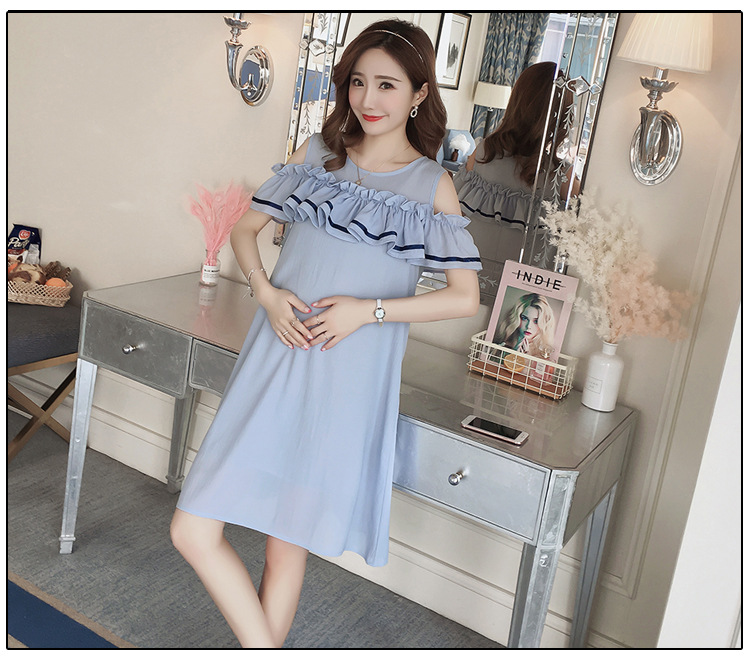 เดรสคลุมท้องแฟชั่นเปิดไหล่ ทำระบายช่วงอก รอบท้องใหญ่ใส่ได้ถึงคลอด มีซับใน M L XL,XXL