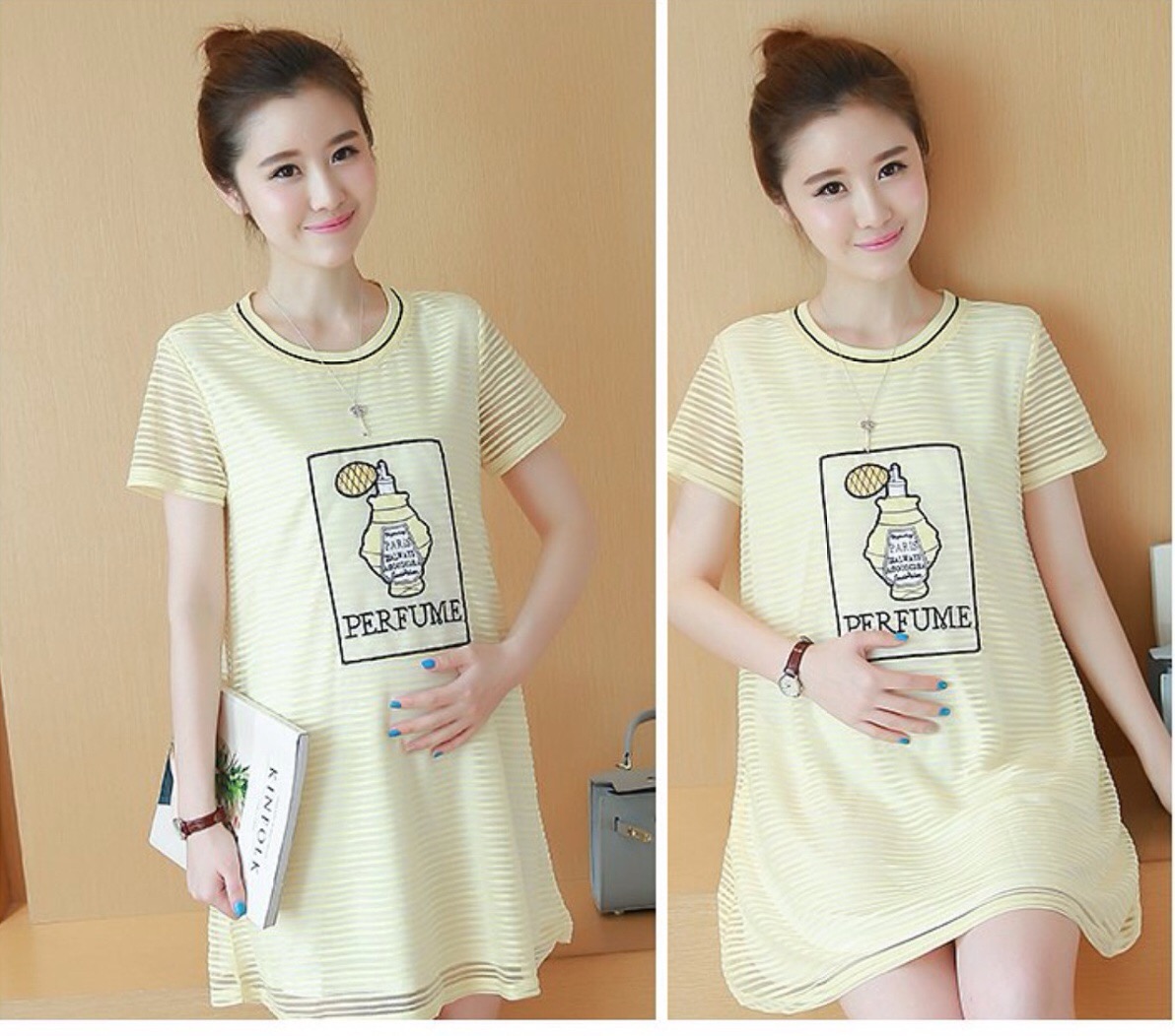 เดรสคลุมท้องสไตล์เกาหลี ผ้าไหมแก้ว ลายน่ารัก มีซับในทั้งชุด M,L,XL,XXL